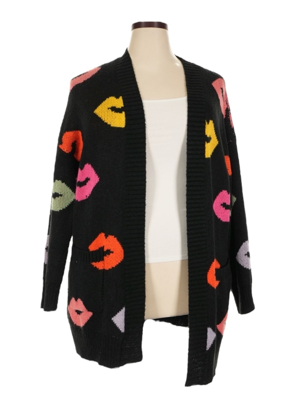 NWT Torrid Lips Print Open Front Cardigan Sweater 2X Black Colorful Pockets
